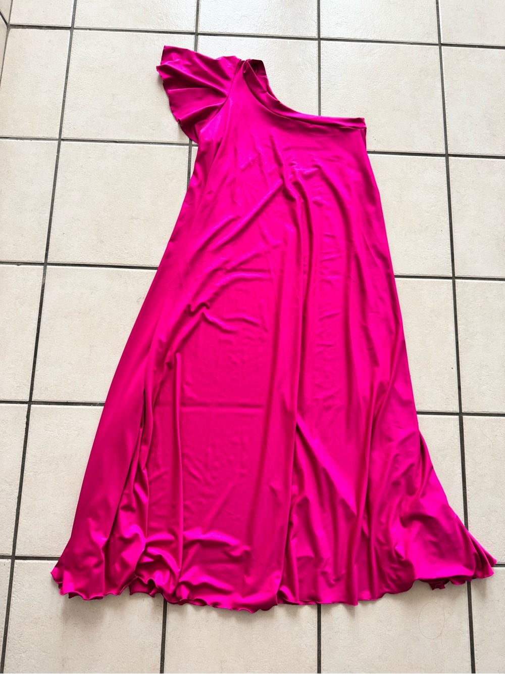 One-Shoulder Fuchsia Maxi Dress with Ruffle Sleeve